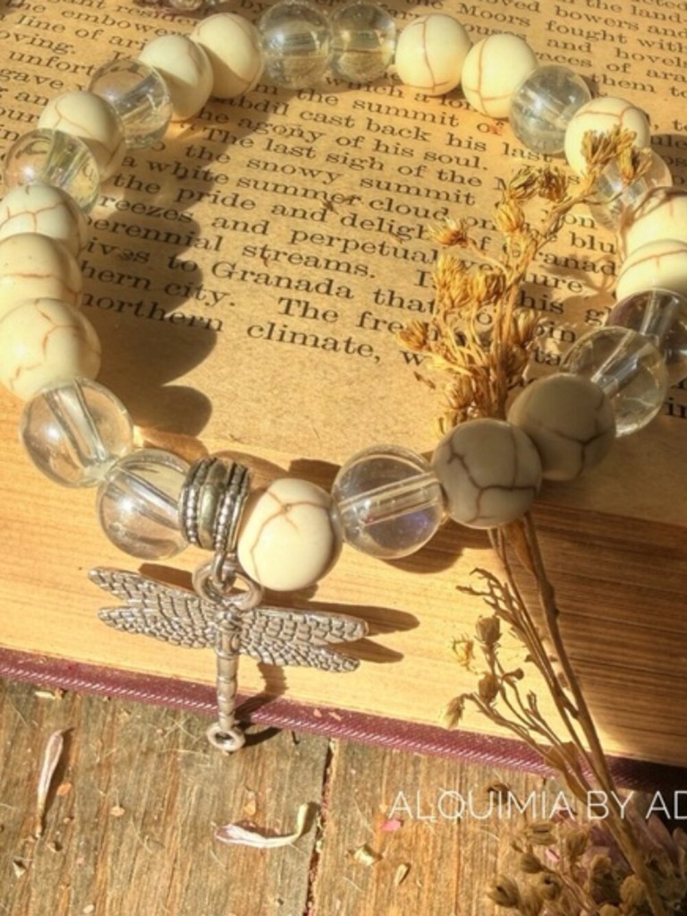 Beige, turquoise aura quartz and silver dragonfly beaded bracelet - Picture 1 of 1